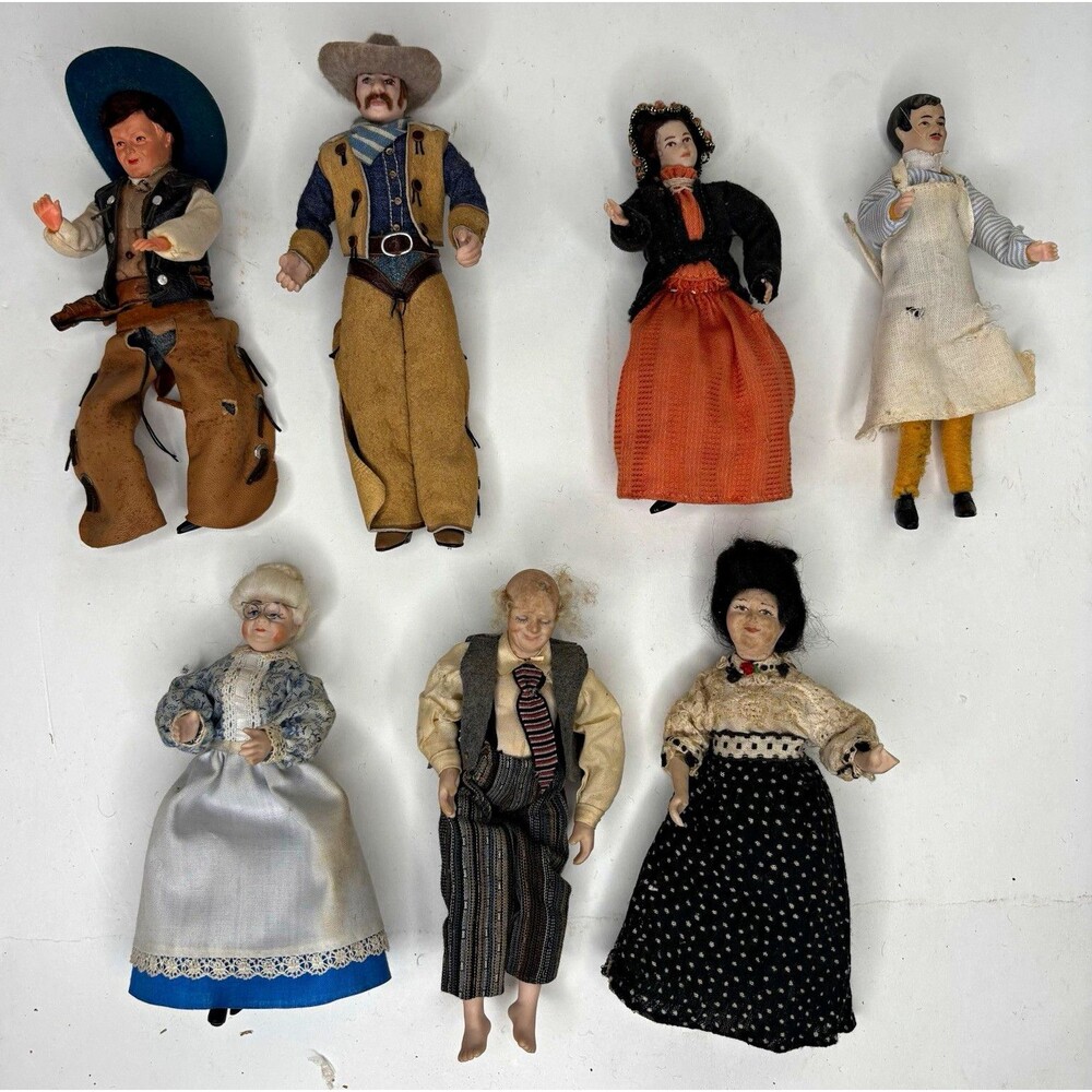 Vintage Artisan Dollhouse Miniature Dolls Lot 7 Western Cowboys Family 1:12